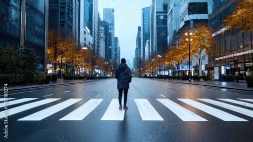 A solitary figure stands on a deserted urban street at dawn.