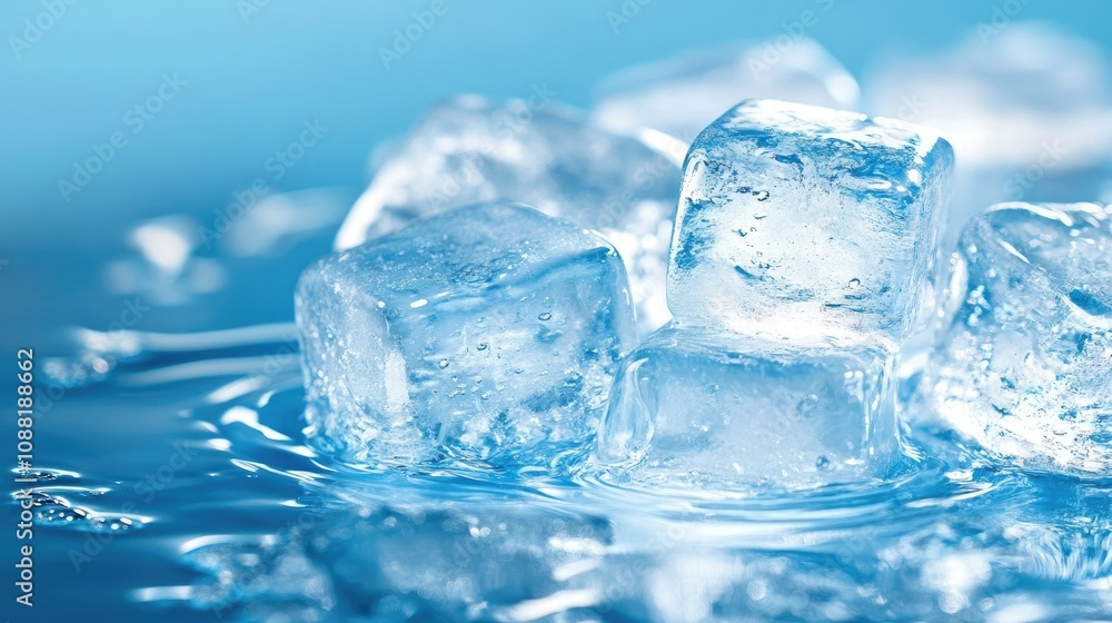 Ice cubes melting in a glass of pure, clear water, framed by a serene blue background. Ice cubes melting in a glass of pure, clear water, framed by a serene blue background.