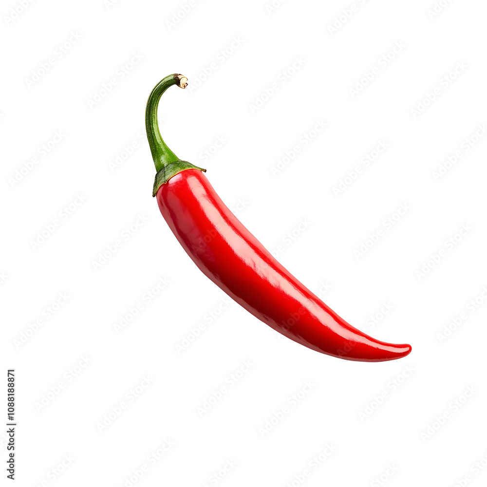 vibrant red chili pepper with glossy surface and green stem, perfect for adding spice to dishes. Its bold color and shape make it eye catching ingredient vibrant red chili pepper with glossy surface and green stem, perfect for adding spice to dishes. Its bold color and shape make it eye catching ingredient