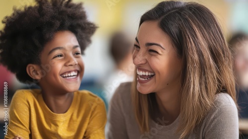 A teacher and student share a laugh during a tutoring session, emphasizing the importance of building rapport and trust in effective teaching relationships