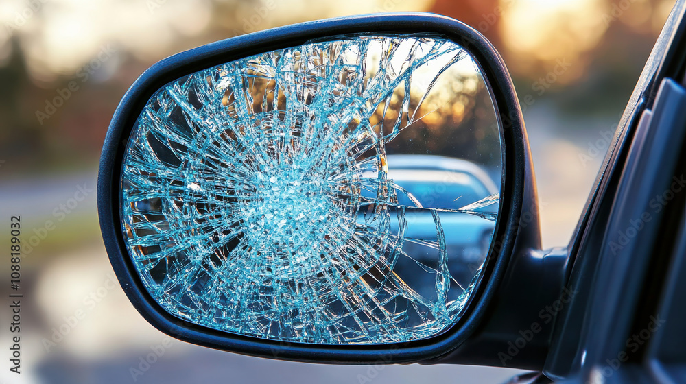 Cracked side view mirror reflecting blurred background, showcasing damage