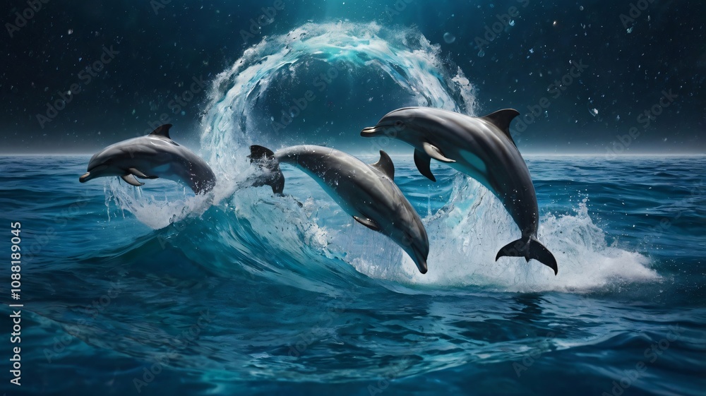 Naklejka premium Dolphins leap joyfully through waves under a starry sky at night in a vibrant ocean setting