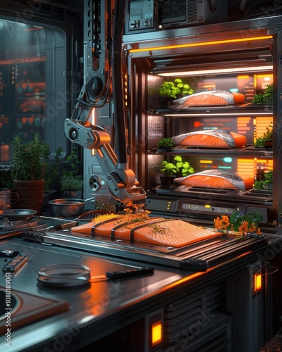 A futuristic kitchen scene featuring a robotic arm preparing food, with illuminated shelves showcasing salmon and fresh ingredients. photo