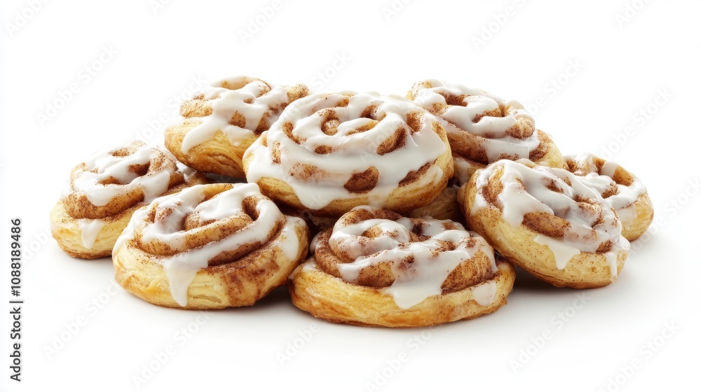 75.A pile of iced cinnamon pastries, positioned in a dynamic, cascading arrangement on a simple white background. The icing is spread generously over each pastry, and the pile appears to float with a 75.A pile of iced cinnamon pastries, positioned in a dynamic, cascading arrangement on a simple white background. The icing is spread generously over each pastry, and the pile appears to float with a