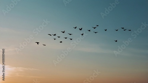 Flock of birds flying in formation against a vibrant sunset sky over a tranquil landscape