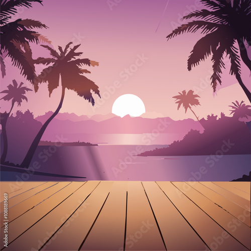 Wooden floor on the beach with palm trees. Vector illustration.