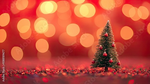 Miniature Christmas tree with warm red and gold decorations, set against a glowing red backdrop with festive bokeh lights.