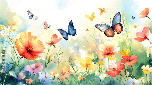 Fototapeta Naklejka Na Ścianę i Meble -  Watercolor illustration of a summer garden with butterflies fluttering among colorful flowers 