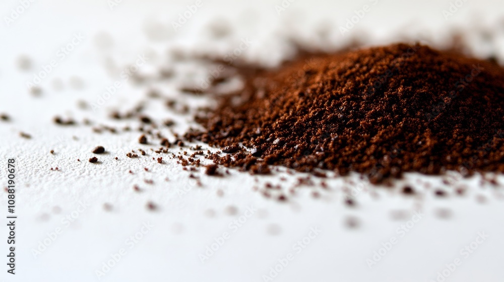 2.A close-up view of a small mound of dark brown coffee grounds, finely granulated with slightly uneven edges, spread on a clean, smooth white background, emphasizing the organic and rough texture. 2.A close-up view of a small mound of dark brown coffee grounds, finely granulated with slightly uneven edges, spread on a clean, smooth white background, emphasizing the organic and rough texture.