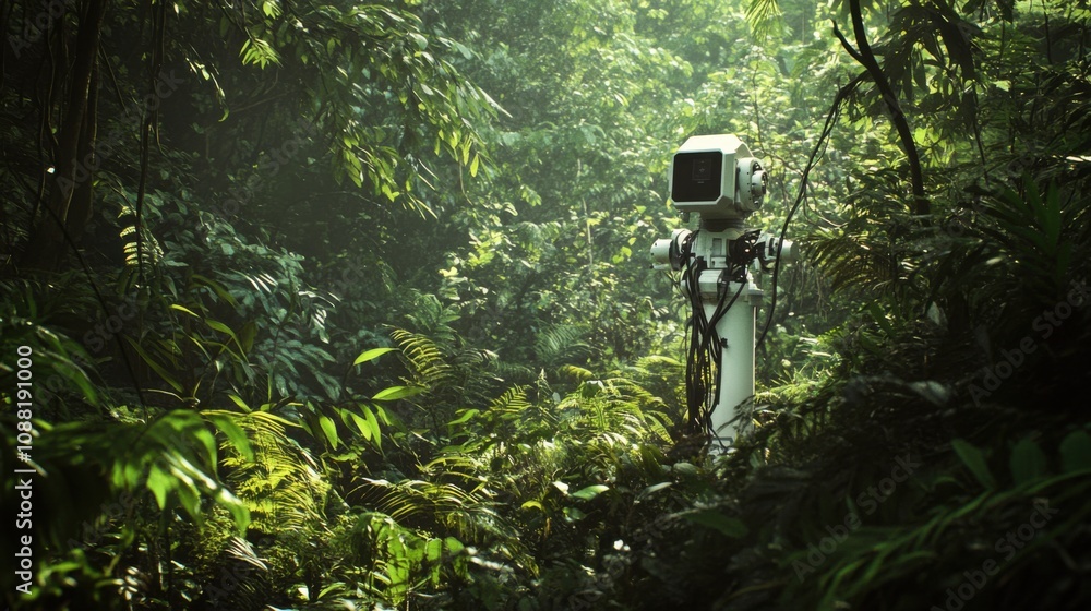 A robot monitoring environmental conditions in a dense forest, natural and lush setting with diverse flora and fauna, Environmental Monitoring Robotics style A robot monitoring environmental conditions in a dense forest, natural and lush setting with diverse flora and fauna, Environmental Monitoring Robotics style