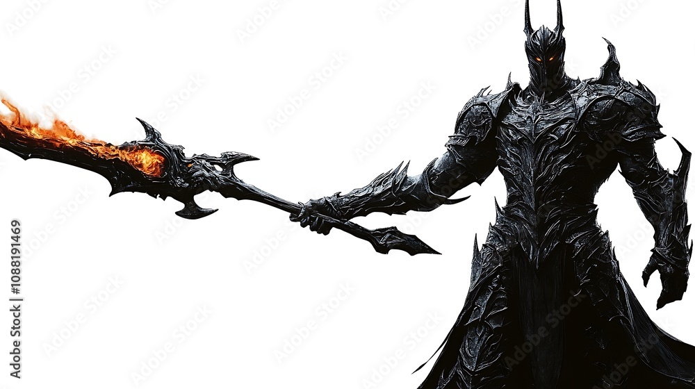 Fototapeta premium Dark knight with fiery weapon, isolated on white.