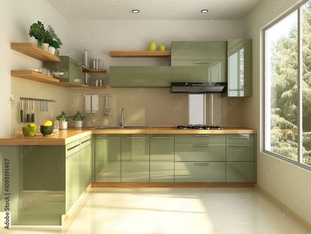 Fototapeta premium Modern Green Kitchen Design With Wooden Accents