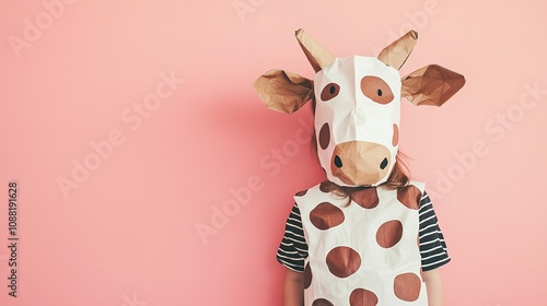 Ten-year-old child dressed in a cute cow costume made from a large brown paper bag with white and brown spots, featuring a small paper bag mask on the head, age-appropriate and playful,  photo