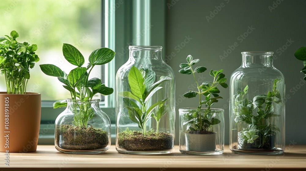 The green plants in the glass container, illuminated by soft light, present a serene and minimalist plant theme, which is very suitable for the concept of sustainable and natural indoor decoration. The green plants in the glass container, illuminated by soft light, present a serene and minimalist plant theme, which is very suitable for the concept of sustainable and natural indoor decoration.