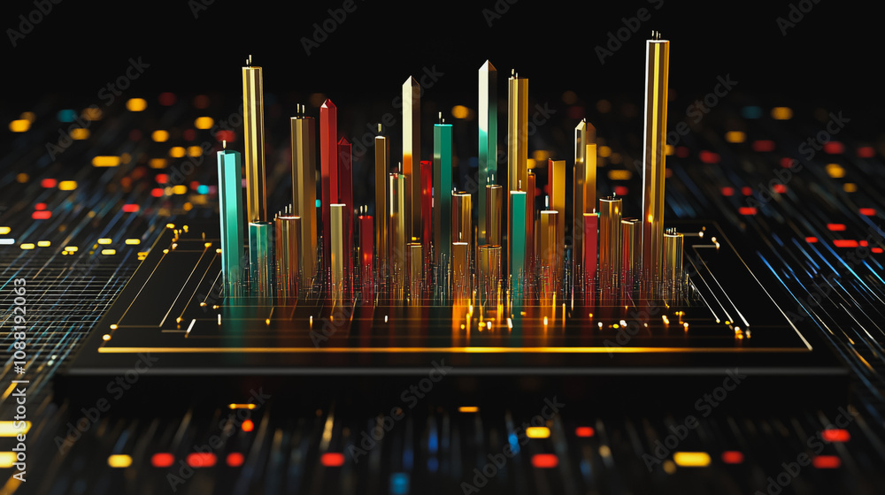 Fototapeta premium Abstract black background with 3D Colorful charts and graphs with statistics to innovative analyze business potential and forecast future development of companies growth.