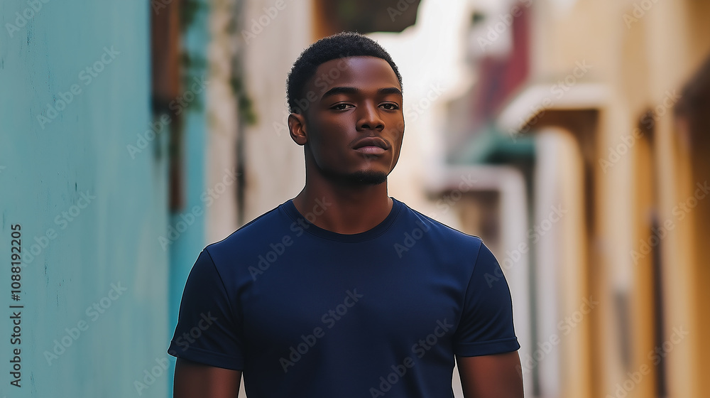 Young african american man posing in a colorful alleyway Young african american man posing in a colorful alleyway