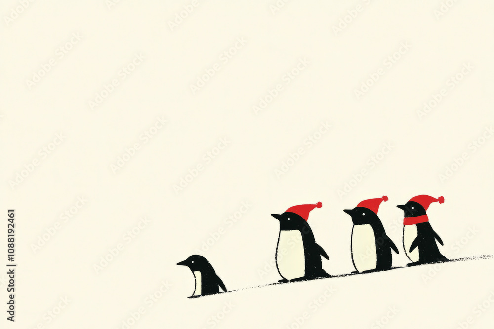 A group of penguins wearing red hats and scarves are walking on a snowy hill A group of penguins wearing red hats and scarves are walking on a snowy hill