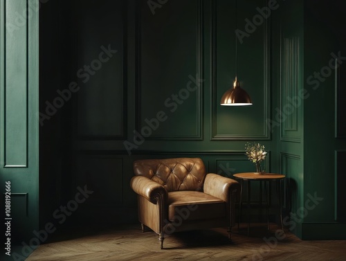 Leather Armchair In A Dark Green Room With Wooden Floor