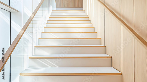 White staircase with wooden handrail and glass balustrade illuminates modern ...