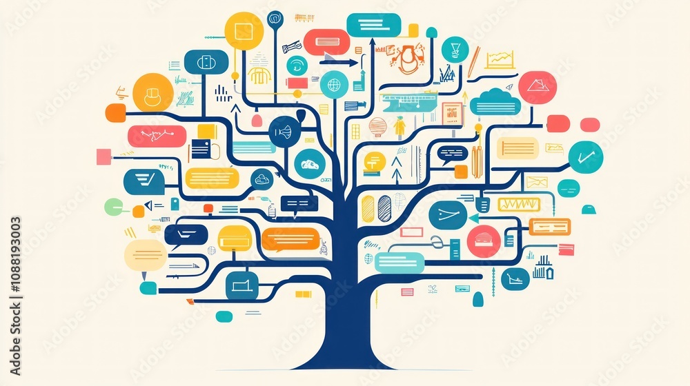 A tree with many branches and leaves, each branch has a different color A tree with many branches and leaves, each branch has a different color