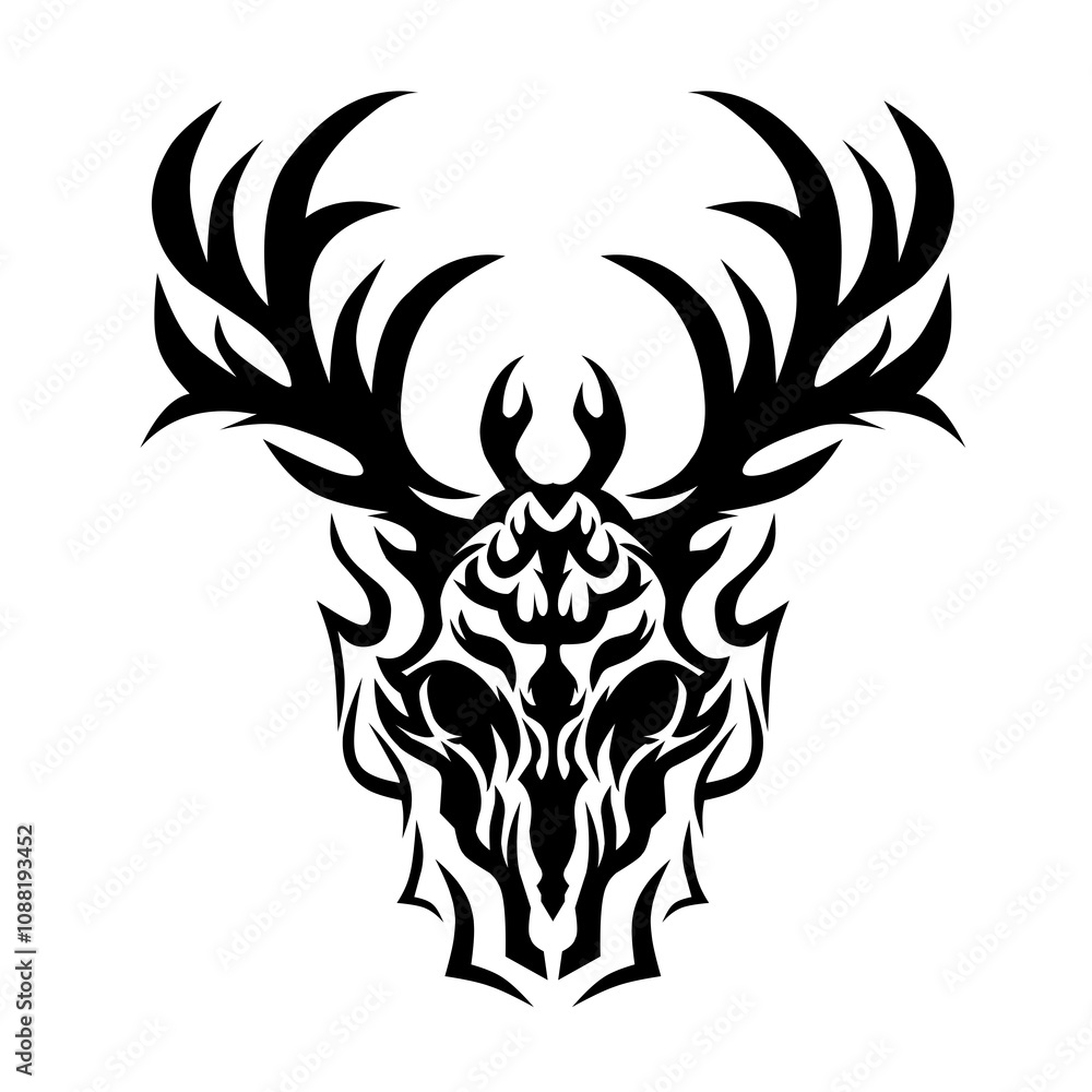 A fierce and tribal deer skull with intricate antlers, symbolizing power and strength. A fierce and tribal deer skull with intricate antlers, symbolizing power and strength.