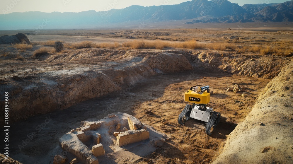 A robotic archaeologist excavating ancient artifacts in a remote desert valley, archaeological and historical setting with ancient ruins and desert landscapes A robotic archaeologist excavating ancient artifacts in a remote desert valley, archaeological and historical setting with ancient ruins and desert landscapes
