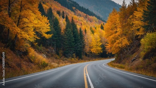 autumn road landscape in beautiful nature travel. autumn colors in mountain road scenery. autumn landscape on the highway in colorful forest. nature trip in fall. highway landscape - generative ai