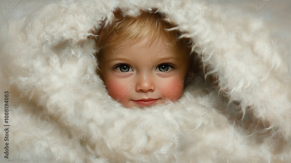 Adorable child wrapped in fluffy white material with captivating eyes Adorable child wrapped in fluffy white material with captivating eyes