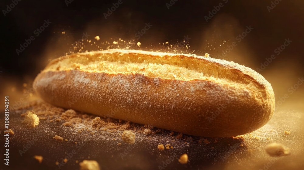 Freshly baked bread loaf with golden crust and sprinkled flour Freshly baked bread loaf with golden crust and sprinkled flour