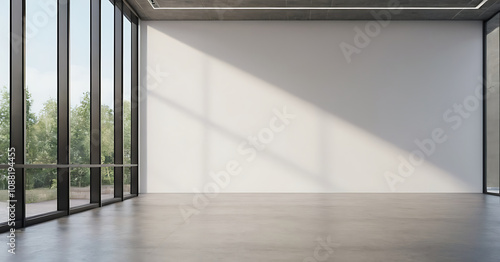 Modern empty room with large windows, concrete floor, and white walls, offering a blank canvas for interior design or architectural visualization. Ideal for showcasing furniture, art, or creating virt photo