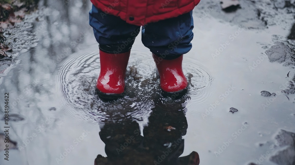A child playing in puddles wearing bright red rain boots A child playing in puddles wearing bright red rain boots