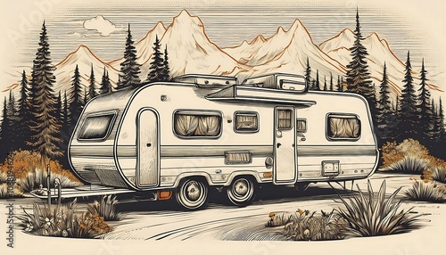 Hand drawn vintage engraving of a classic RV camper trailer in a picturesque outdoor setting. Generative AI
