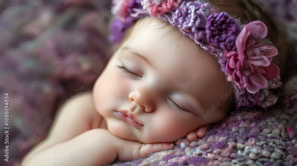 A peaceful sleeping baby adorned with a floral headband, resting on a cozy textile, radiating tranquility and innocence. A peaceful sleeping baby adorned with a floral headband, resting on a cozy textile, radiating tranquility and innocence.