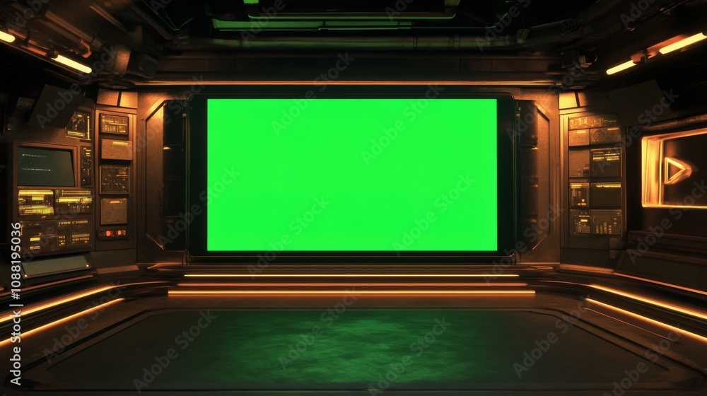A futuristic room featuring a large green screen, surrounded by high-tech panels and ambient lighting, ideal for video production or presentations. A futuristic room featuring a large green screen, surrounded by high-tech panels and ambient lighting, ideal for video production or presentations.