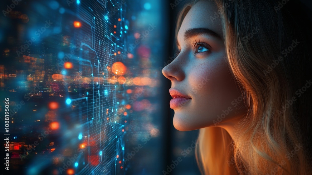 Smiling women gaze at the future urban landscape, with blockchain nodes and holographic projections embellished in the background, showcasing cutting-edge technology and digital innovation. Smiling women gaze at the future urban landscape, with blockchain nodes and holographic projections embellished in the background, showcasing cutting-edge technology and digital innovation.