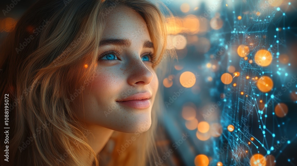 Smiling women gaze at the future urban landscape, with blockchain nodes and holographic projections embellished in the background, showcasing cutting-edge technology and digital innovation. Smiling women gaze at the future urban landscape, with blockchain nodes and holographic projections embellished in the background, showcasing cutting-edge technology and digital innovation.