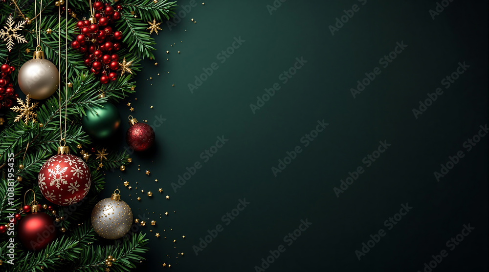 Christmas ornaments and fir branches arranged on a dark green background with copy space. Perfect for holiday cards, invitations, or festive designs. Christmas ornaments and fir branches arranged on a dark green background with copy space. Perfect for holiday cards, invitations, or festive designs.