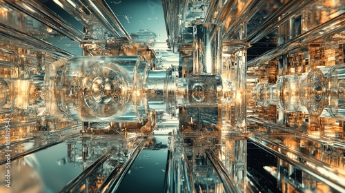 A mesmerizing, abstract image featuring intricate, reflective structures that evoke a sense of depth and luminosity.