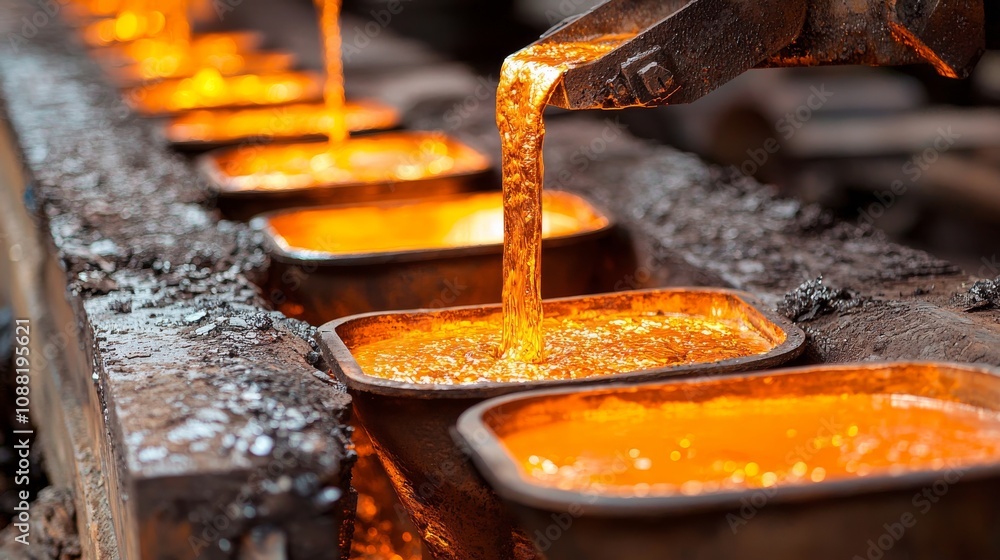 A molten metal is being poured into molds, showcasing the industrial process of casting in a foundry setting. A molten metal is being poured into molds, showcasing the industrial process of casting in a foundry setting.