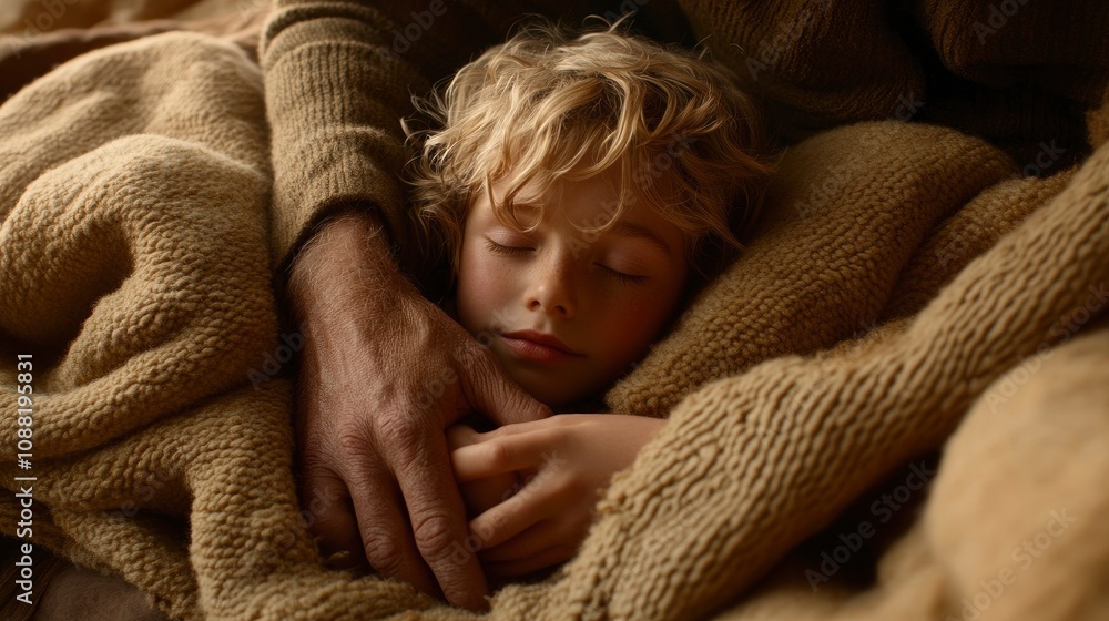 A quiet moment of comfort between a child and adult in cozy blankets A quiet moment of comfort between a child and adult in cozy blankets