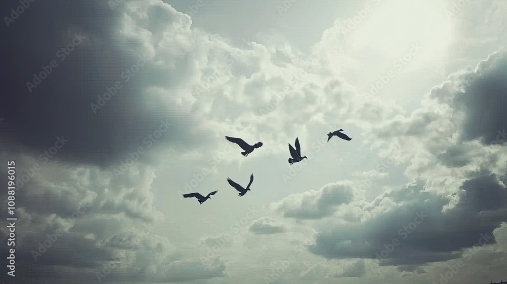 Fototapeta premium Birds flying in the sky with clouds in the background