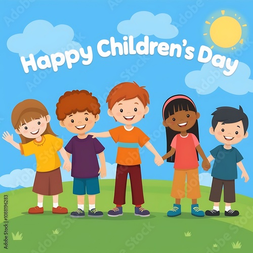 Happy Children Day Diverse Kids Holding Hands Together