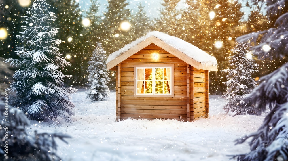 Small Wooden Cabin in Snowy Forest with Warm Light and Christmas Tree Small Wooden Cabin in Snowy Forest with Warm Light and Christmas Tree