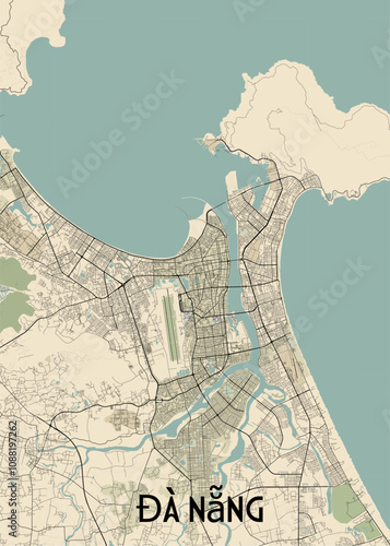 This detailed map showcases the city of Da Nang, Vietnam, with a focus on its urban layout and surrounding coastal areas.