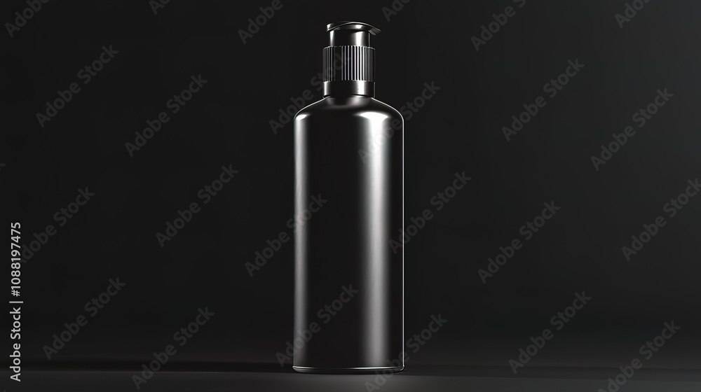 A black bottle with a pump dispenser on a black background. A black bottle with a pump dispenser on a black background.