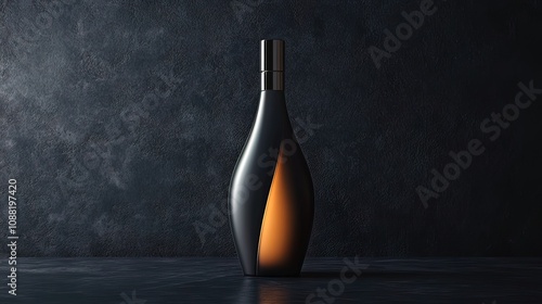 A black and gold glass bottle with a dark background.