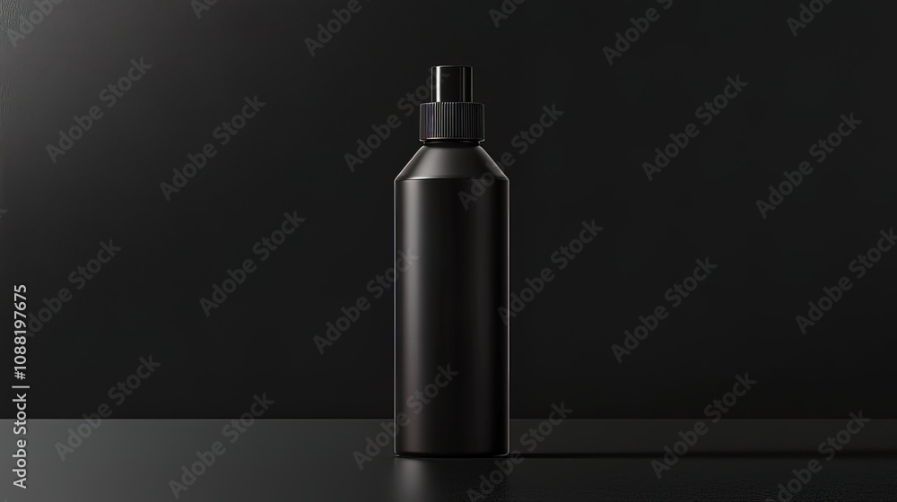 A black spray bottle on a black background with a subtle spotlight. A black spray bottle on a black background with a subtle spotlight.