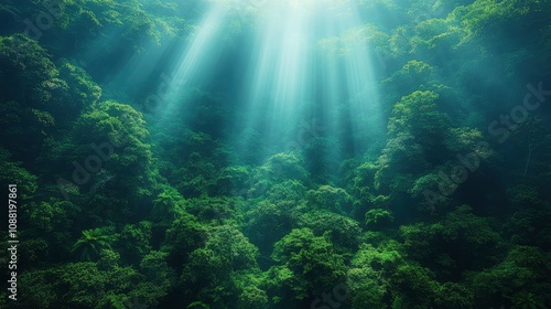 Serene forest landscape with sunlight filtering through dense green trees