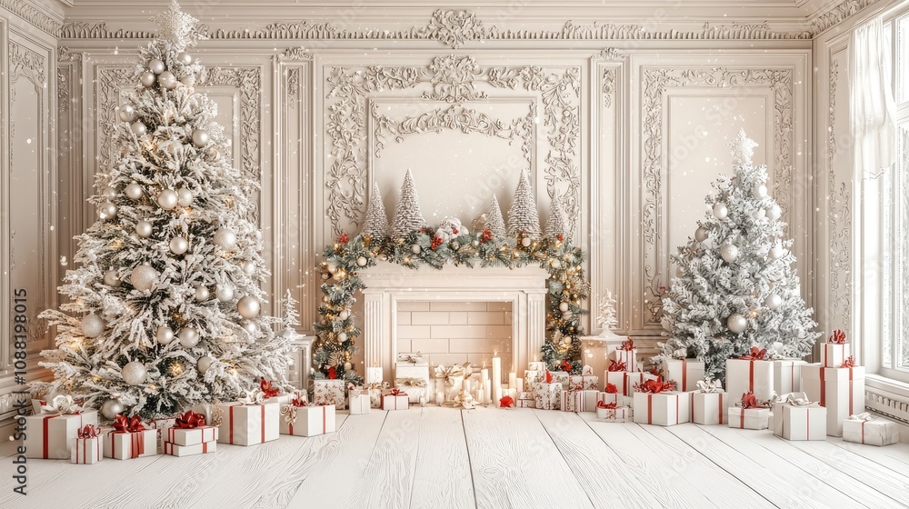 Obraz premium Christmas photovery big background for a famileygroups, clean natural white creme style colorstyle wall and floor , front view and natural 