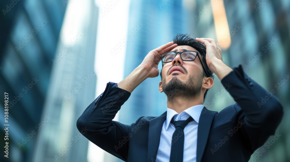 man in suit looks stressed while standing in cityscape, conveying sense of urgency and pressure. His expression reflects challenges of business mindset man in suit looks stressed while standing in cityscape, conveying sense of urgency and pressure. His expression reflects challenges of business mindset